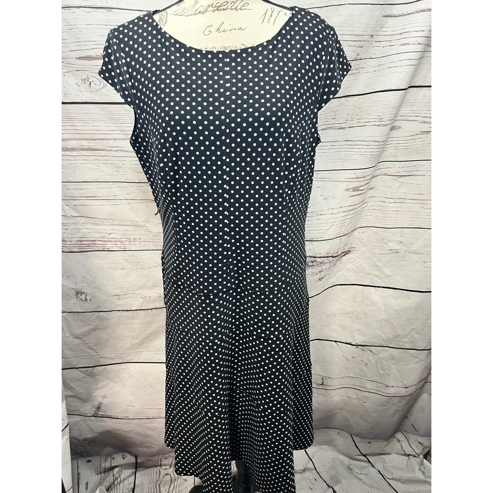 Anne Klein Black White Polka Dot Cap Sleeve Fit Flare Dress Size 14 Career Retro